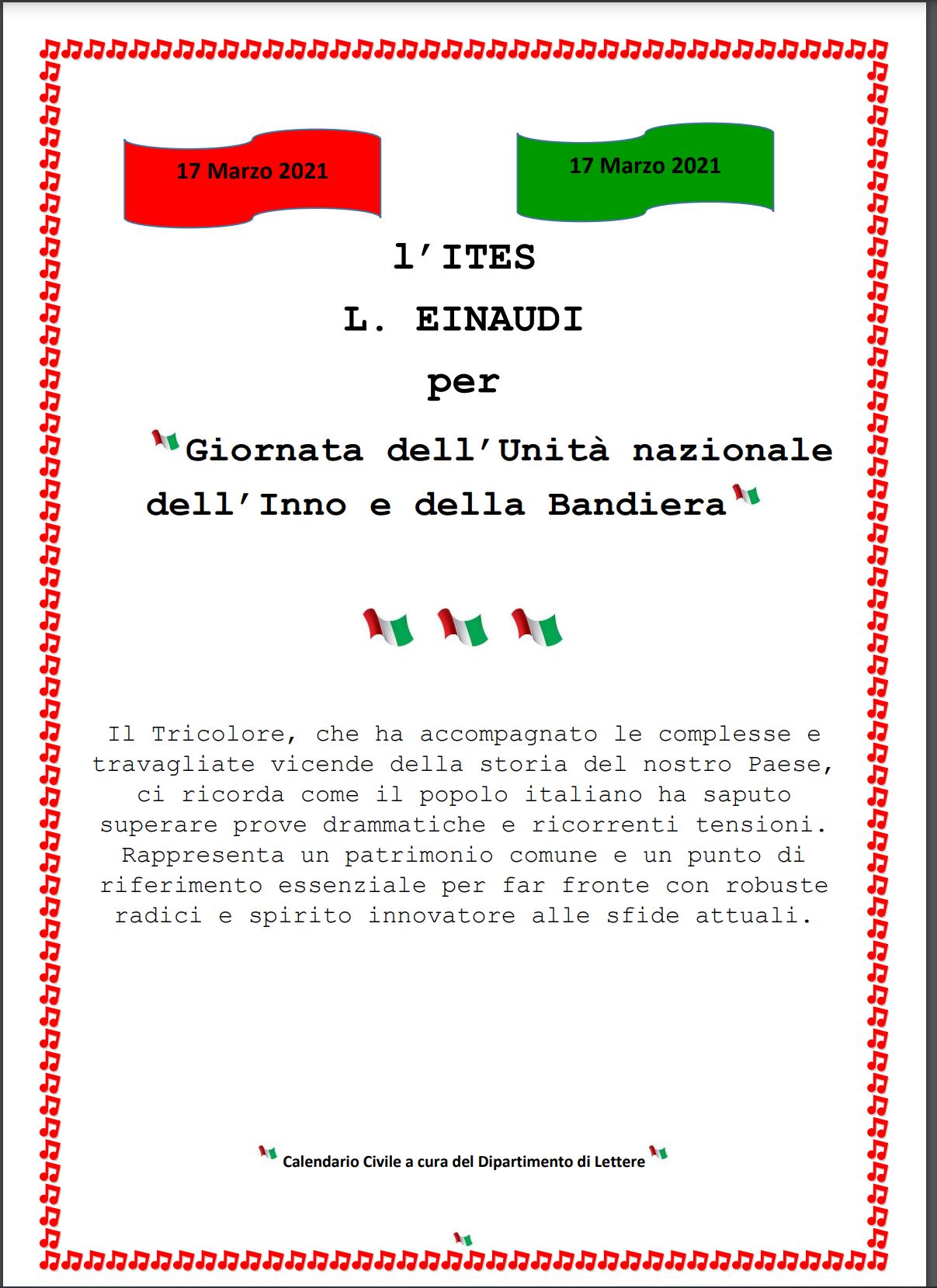 17 marzo Giornata dell'Unità nazionale, della Costituzione, dell'Inno e  della Bandiera - ITES Luigi Einaudi
